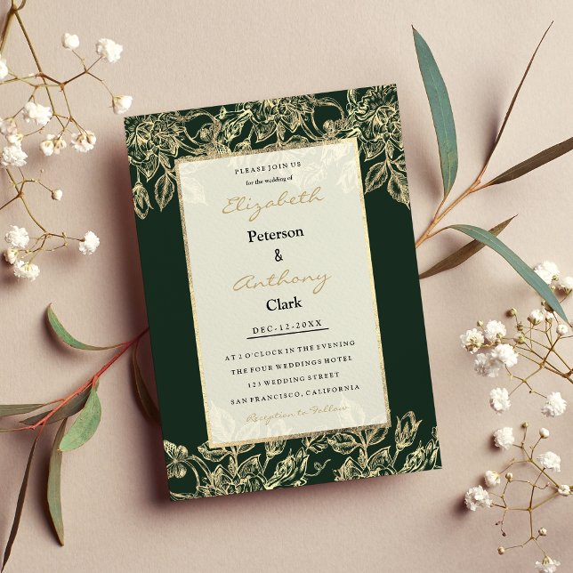 Elegant Forest grönt guld lyx blommigt Bröllop Inbjudningar (Elegant forest green gold luxury floral Wedding )