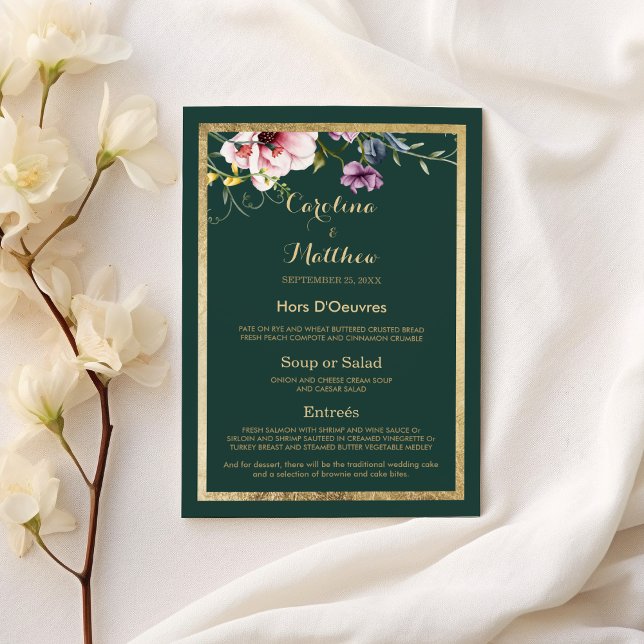 Elegant Forest grönt guld rosa blommigt Bröllop Me Meny (Elegant forest green gold pink floral Wedding Menu )