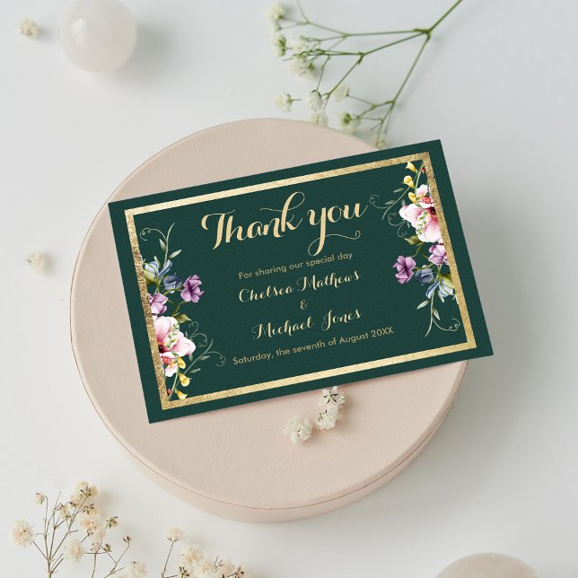 Elegant Forest grönt guld rosa blommigt Tack Kort (Elegant forest green gold pink floral Thank You )