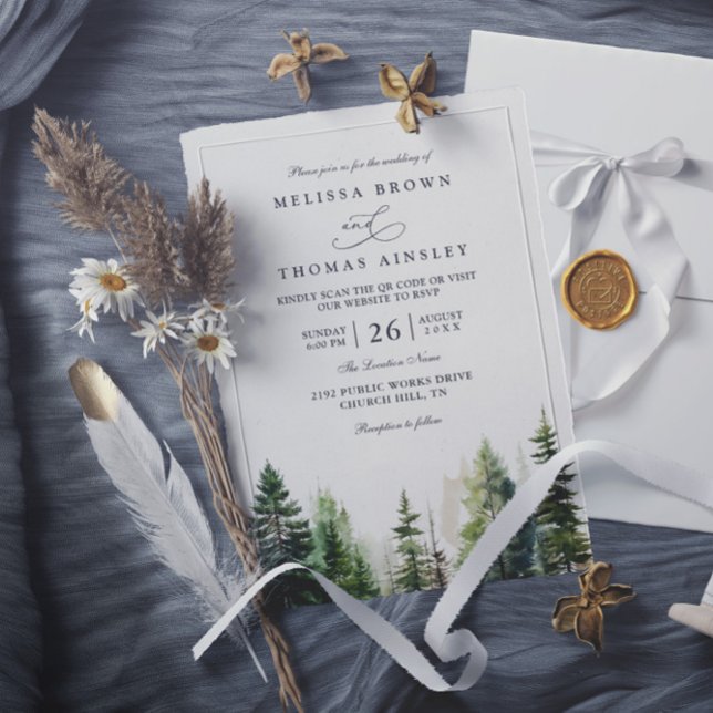 Elegant forest minimalist pine qr code wedding inbjudningar (Skapare uppladdad)