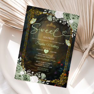 Elegant Forest Sage Grönt Princess Quinceañera Inbjudningar