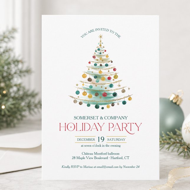 Elegant företagsjulparty inbjudningar (corporate business christmas holiday party invitation with elegant typography and custom details)