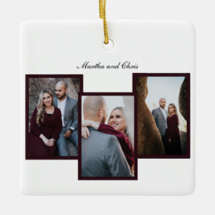 Elegant Förlovad Gift Skript 3 Foto Collage Röd Julgransprydnad Keramik