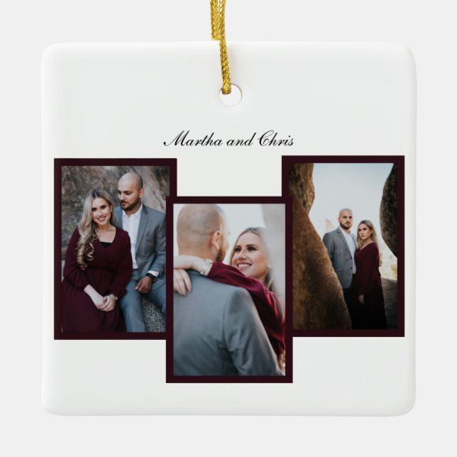 Elegant Förlovad Gift Skript 3 Foto Collage Röd Julgransprydnad Keramik (Framsida)