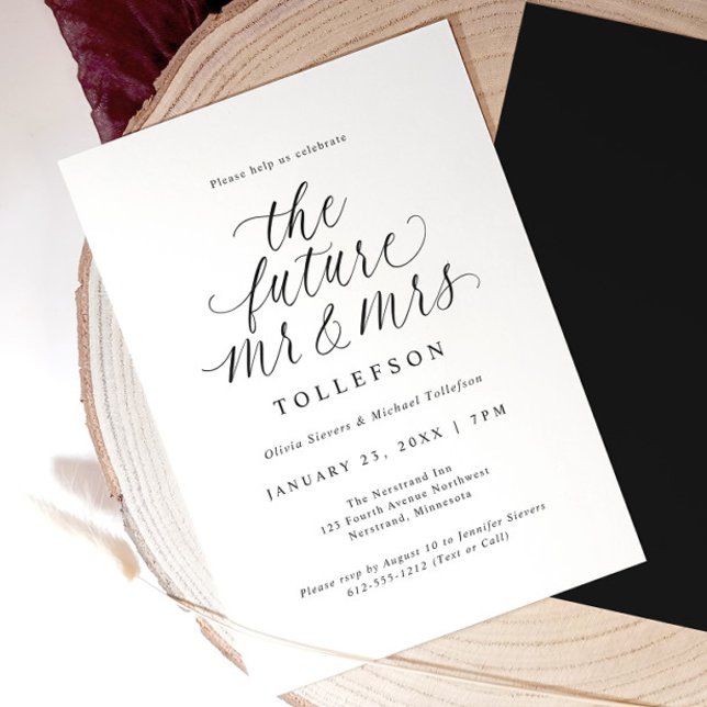 Elegant Förlovningsfest De Blivande Herr & Fru Inbjudningar (Elegant black and white engagement invitation with modern calligraphy reading “the future mr & mrs.”)