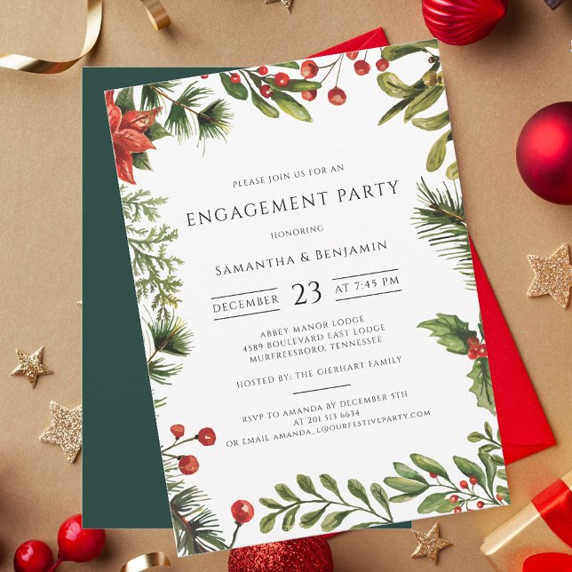 Elegant Förlovningsfest Red Berries Inbjudningar (Botanical Watercolor Red Berries Christmas Party Invitation)