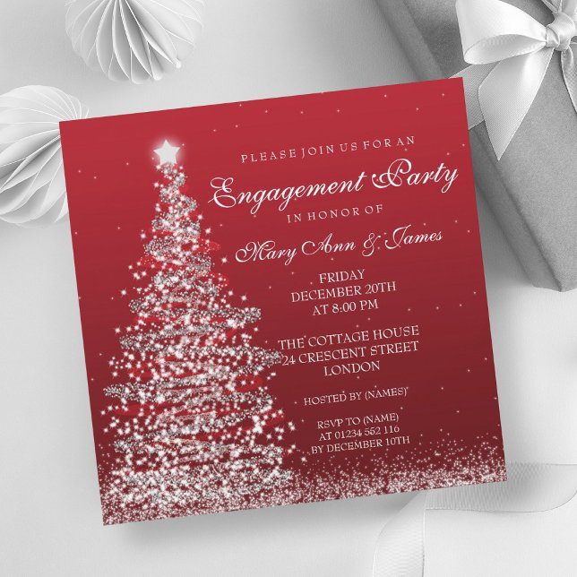 Elegant Förlovningsfest Red Silver Inbjudningar (Elegant Christmas Engagement Party Red Silver Invitation)