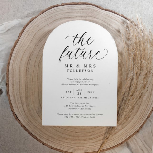 Elegant förlovningsfest Svart och Vitt Inbjudningar (Elegant arch-shaped engagement party invitation with modern minimalist script and stylish)