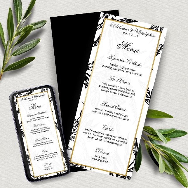 Elegant Formal Black Guld Botanical Bröllop Menu Inbjudningar (Elegant Formal Black Gold Botanical Wedding Menu with Digital Download Option)