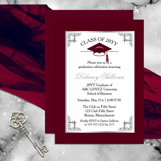Elegant Formal Burgundy College Graduation Party Inbjudningar (Elegant Formal Silver Tone and Burgundy College | University Graduation Party Invitation )