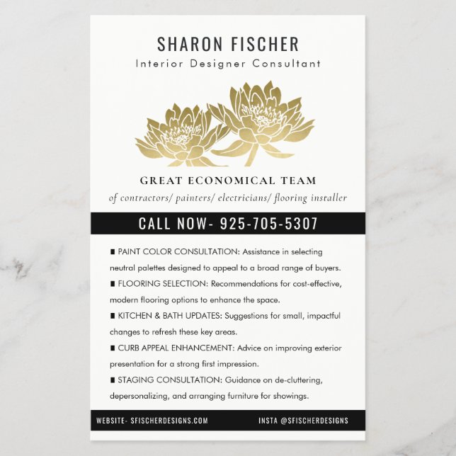 Elegant Formal Faux Gold Lotus Floral Business Flygblad (Framsidan)