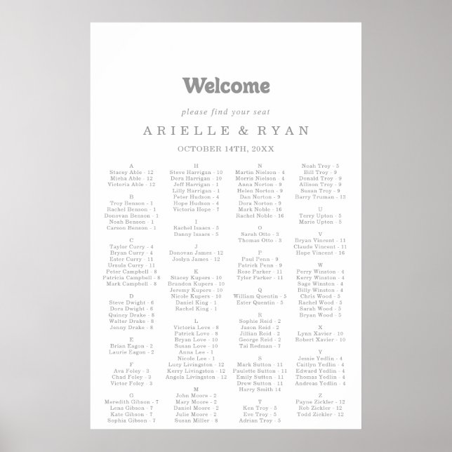 Elegant Formal Minimal Alphabetical Seating Chart Poster (Framsidan)
