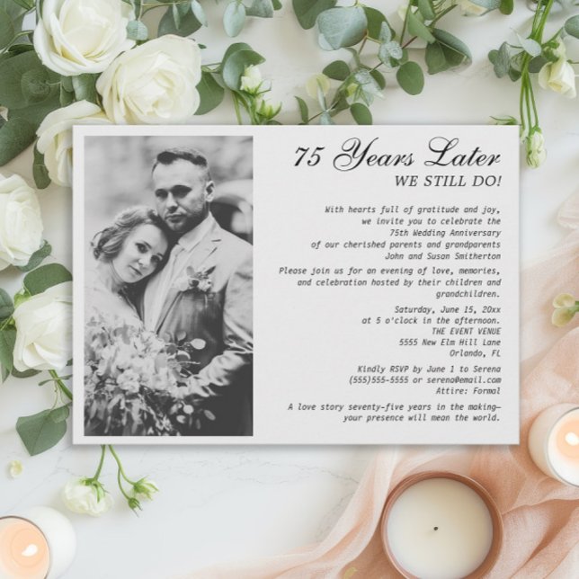 Elegant formell 75-årsjubileumsbröllopsfoto  inbjudningar (75th wedding anniversary invitation with photo.)