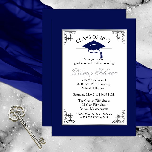 Elegant Formell Blue College Graduation Party Inbjudningar (Elegant Formal Silver Tone and Dark Royal Blue College | University Graduation Party Invitation )
