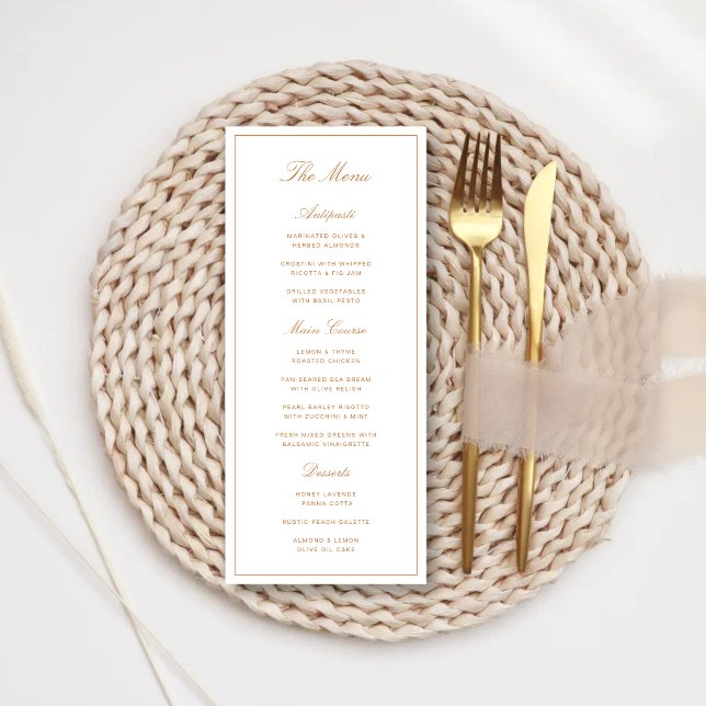 Elegant formell bränd orange bröllop meny (Elegant burnt orange wedding menus showcase your meal selection with warm sophistication.)
