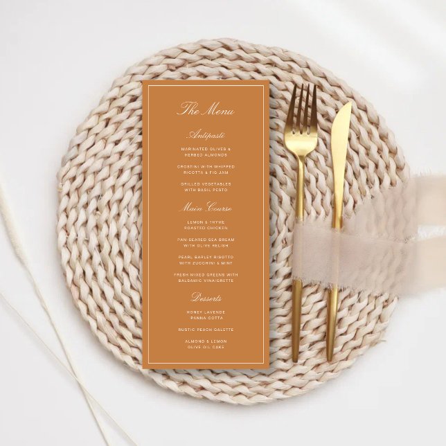 Elegant formell bränd orange bröllop meny (Elegant burnt orange wedding menus add a refined touch to your reception dining.)