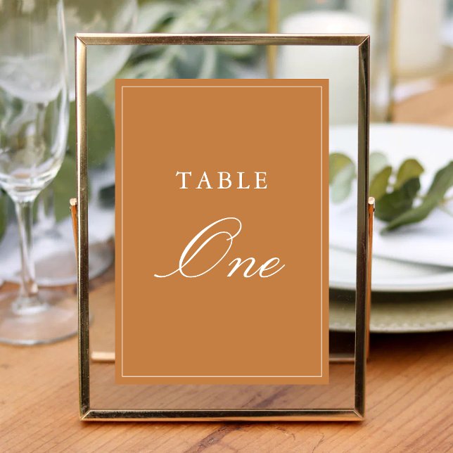 Elegant formell brännorange bröllopsfest bordsnummer (Elegant burnt orange table numbers add warm sophistication and easy guest navigation.)