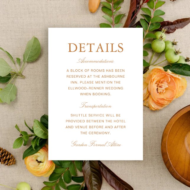 Elegant formell brännorange bröllopsinformation tilläggskort (Elegant burnt orange enclosure cards keep wedding details clear with warm, refined style.)