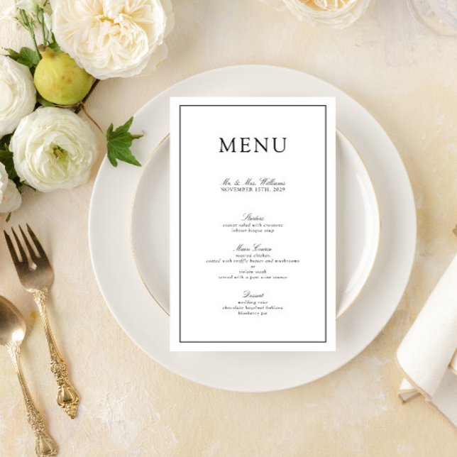 Elegant Formell Bröllop-meny för svartvitt skript (Create a wedding menu to match your invitation suite with this easy to personalize design)