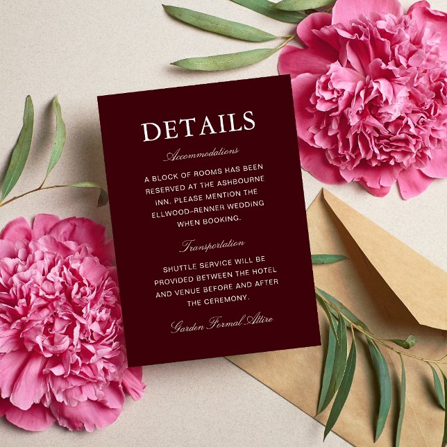 Elegant formell burgunder och elfenbensvit bröllop tilläggskort (Elegant burgundy and ivory wedding enclosure card shares details with timeless sophistication.)