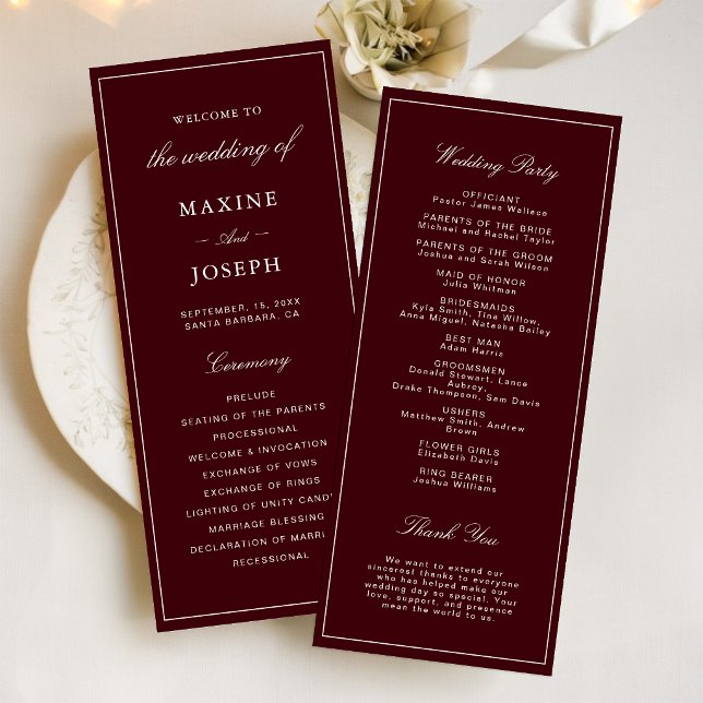Elegant formell burgunder och elfenbensvit vigsel program (Elegant burgundy and ivory wedding program shares your special day with classic elegance.)