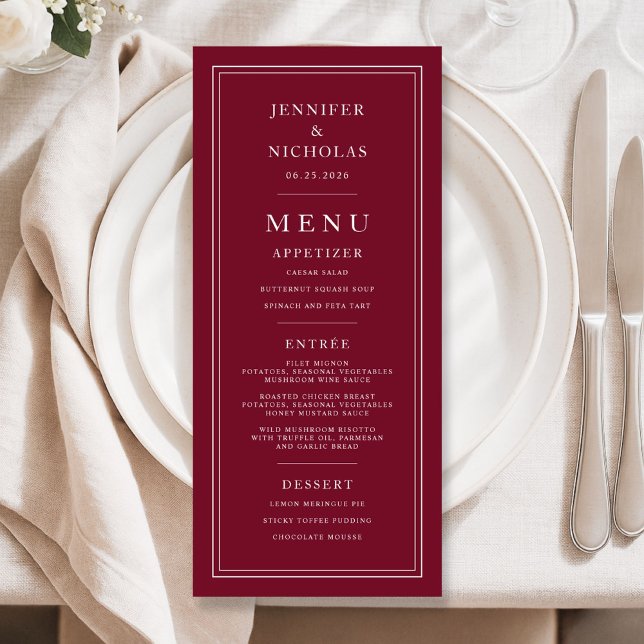 Elegant formell burgunderbröllop meny (Elegant Formal Burgundy Wedding Menu)
