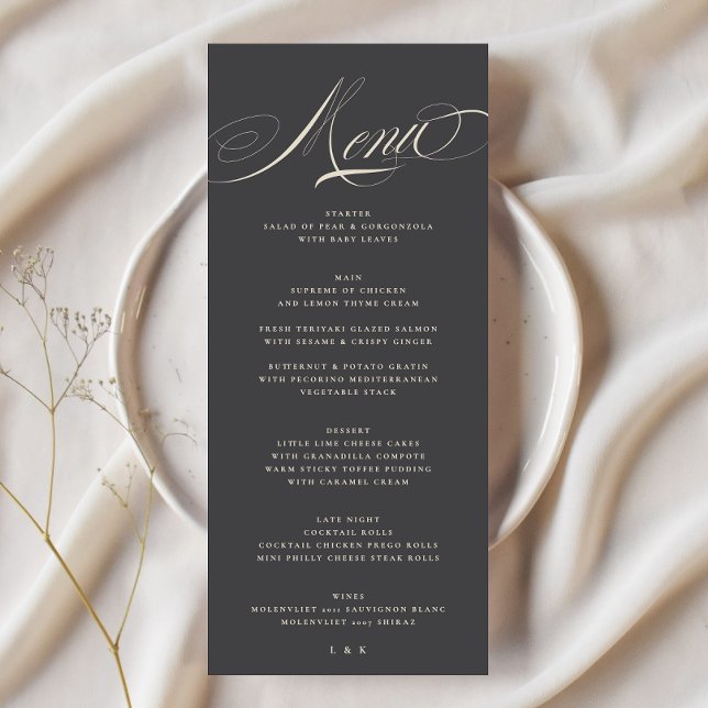 Elegant Formell Calligraphy Charcol Beige Bröllop Meny (Skapare uppladdad)