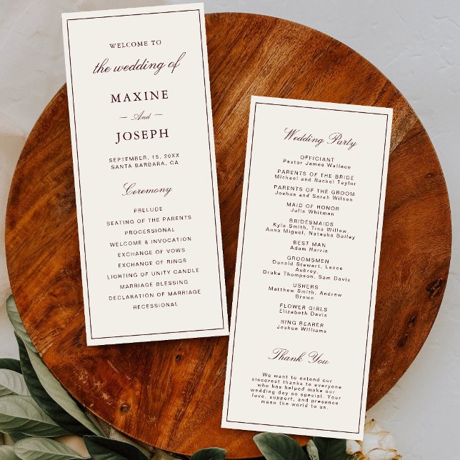 Elegant formell elfenbensvit & burgunderröd bröllo program (Elegant ivory and burgundy wedding program keeps guests informed with timeless style.)