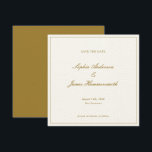 Elegant Formell Guld Ochre Ram-skript Bröllop Spara Datumet<br><div class="desc">Elegant, formell och klassvis fyrkantig Bröllop spara datum med skripttypografi för parets namn, vit bakgrund, elegant ram på framsidan och en guldfärgad baksida. Standard-papper är en papper tjockkräm, men du kan ändra den på huvudproduktmenyn till vilken annan papper typ som helst Anpassa den med egen bröllop-information. En mycket elegant och...</div>