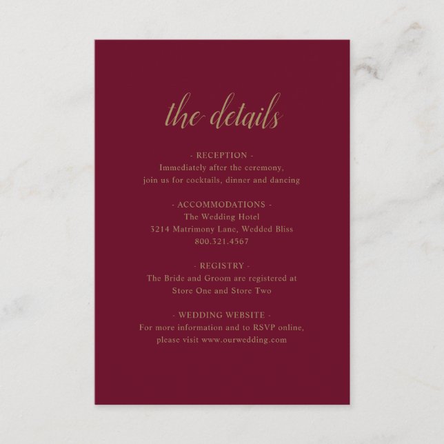 Elegant Formell information om Guld Burgundy Bröll Tilläggskort (Framsida)