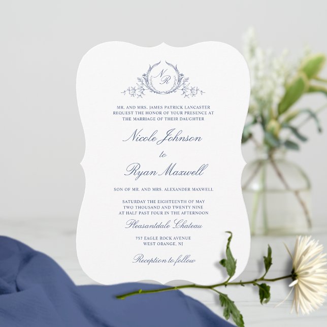 Elegant Formell marin Monogram Bröllop Inbjudningar (Skapare uppladdad)
