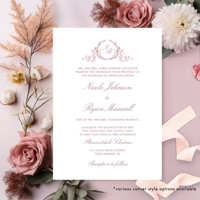 Elegant Formell Monogram Dusty Ro Bröllop Inbjudningar (Skapare uppladdad)