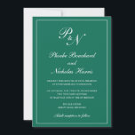 Elegant Formell Monogram Emerald Grönt Bröllop Inbjudningar<br><div class="desc">Traditional stil emerald grönt bröllopsinbjudan med en enkel och klassisk design med dina två första monogram och namn i en elegant kalligrafi inuti ett tunt gräns. All inslag kan ändras i verktyg för designredigering. Dessa inbjudningar från elegant bröllop är perfekt för ett formellt bröllop.</div>