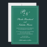 Elegant Formell Monogram Emerald Grönt Bröllop Inbjudningar<br><div class="desc">Traditional stil emerald grönt bröllopsinbjudan med en enkel och klassisk design med dina två första monogram och namn i en elegant kalligrafi inuti ett tunt gräns. All inslag kan ändras i verktyg för designredigering. Dessa inbjudningar från elegant bröllop är perfekt för ett formellt bröllop.</div>