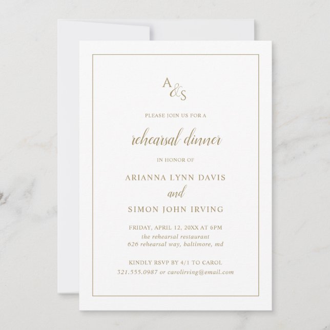 Elegant Formell Monogram Guld Rehearsal Middag Inbjudningar (Framsida)