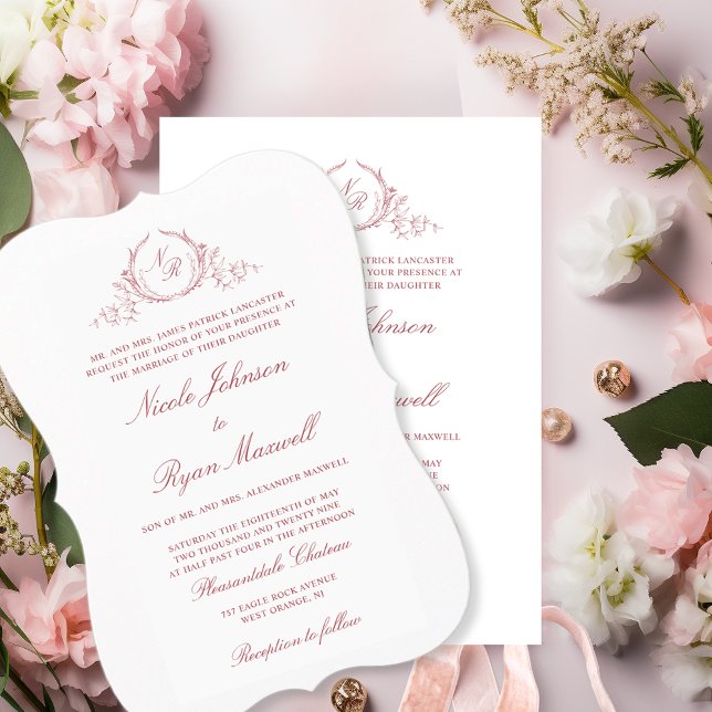 Elegant Formell Monogram  Rosa Bröllop Inbjudningar (Skapare uppladdad)