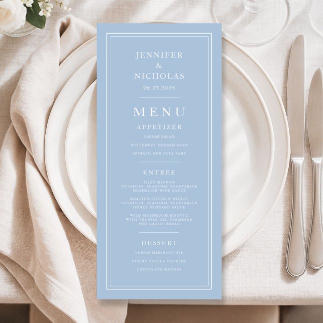 Elegant formell pudderblå bröllop meny (Elegant Formal Powder Blue Wedding Menu)