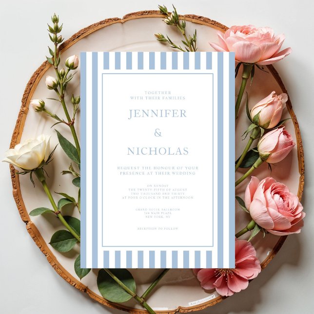 Elegant formell pudderblå randig bröllop inbjudningar (Elegant Formal Powder Blue Stripes Wedding Invitation)
