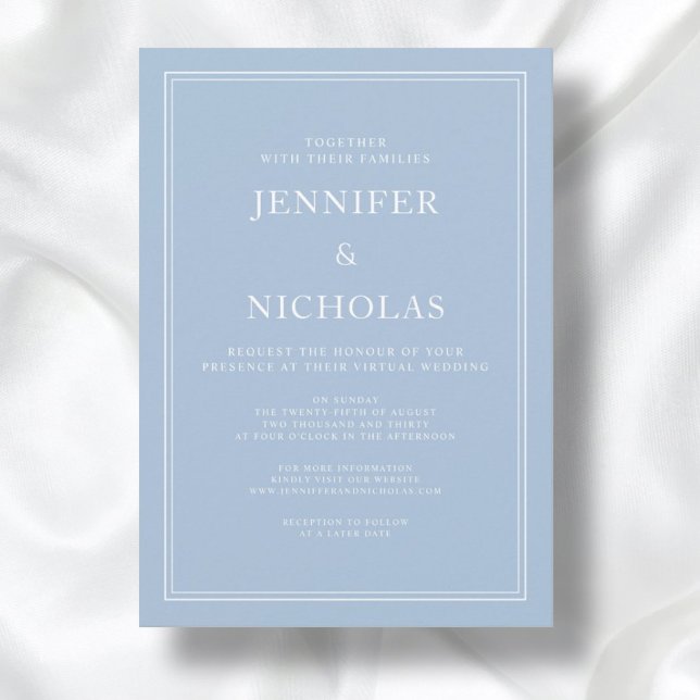 Elegant formell pudrblå virtuell bröllopsfest inbjudningar (Front / Modern Elegant Formal Powder Blue Virtual Wedding Invitation)