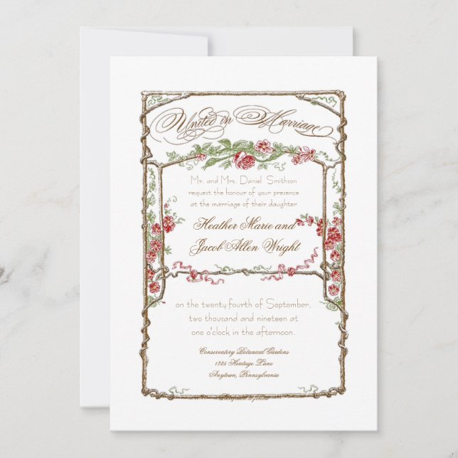 Elegant formell röd ros blomsterträdgård bröllop inbjudningar (Framsida)