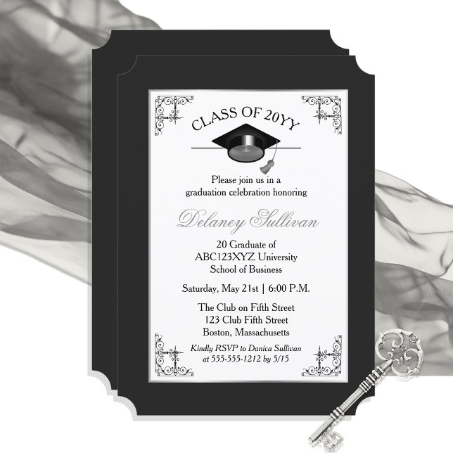 Elegant Formell Silver College Graduation Party Inbjudningar (Elegant Formal Black Silver Tone College Graduation Announcement Party Invitation - Print | Download)
