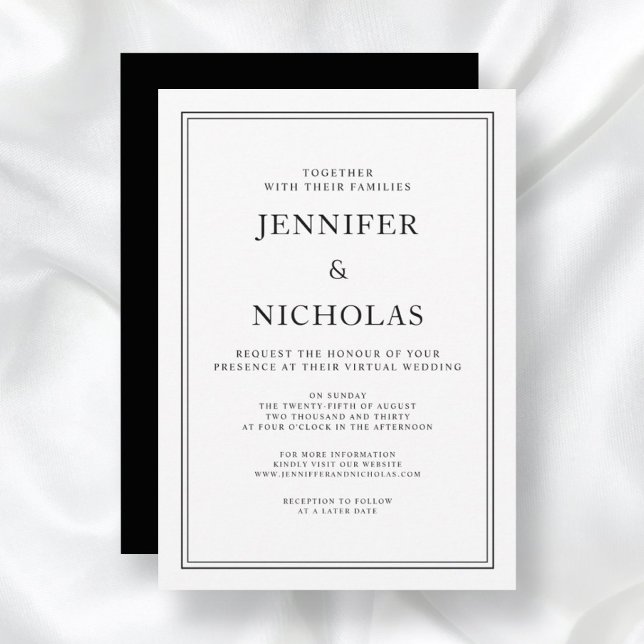 Elegant formell svart och vit virtuell bröllopsfes inbjudningar (Front/Back Elegant Classic Formal Black White Virtual Wedding Invitation)