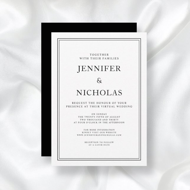 Elegant formell svart och vit virtuell bröllopsfes inbjudningar (Front/Back Elegant Classic Formal Black White Virtual Wedding Invitation)