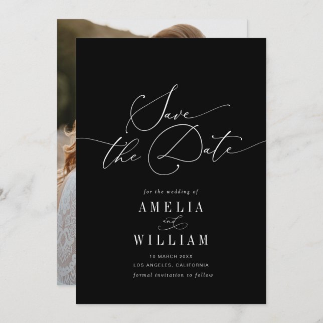 elegant formell svartvitt bröllop spara datumet (Fram/baksida)