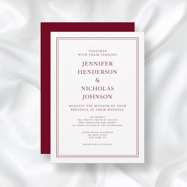 Elegant formell vinröd bröllops- inbjudningar (Front/Back Elegant Formal Burgundy Red Wedding Invitation)