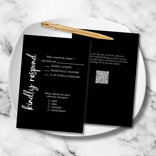 Elegant Formellt fet skript svart, vit Bröllop OSA Kort (Elegant Bold Script Black White Formal Wedding RSVP Response Card, menu choices, QR code for website)