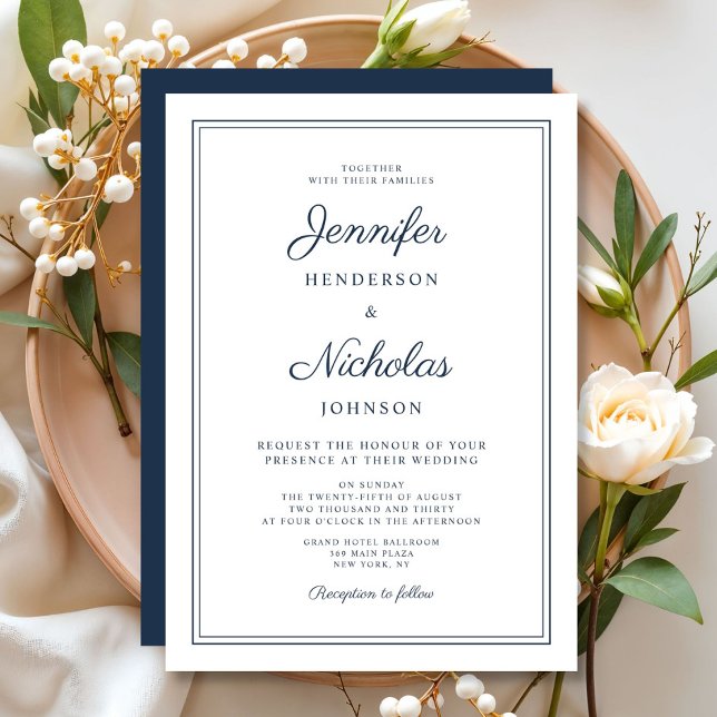 Elegant Formellt marinblått Bröllop Inbjudningar (Elegant Formal Navy Blue Wedding Invitation)