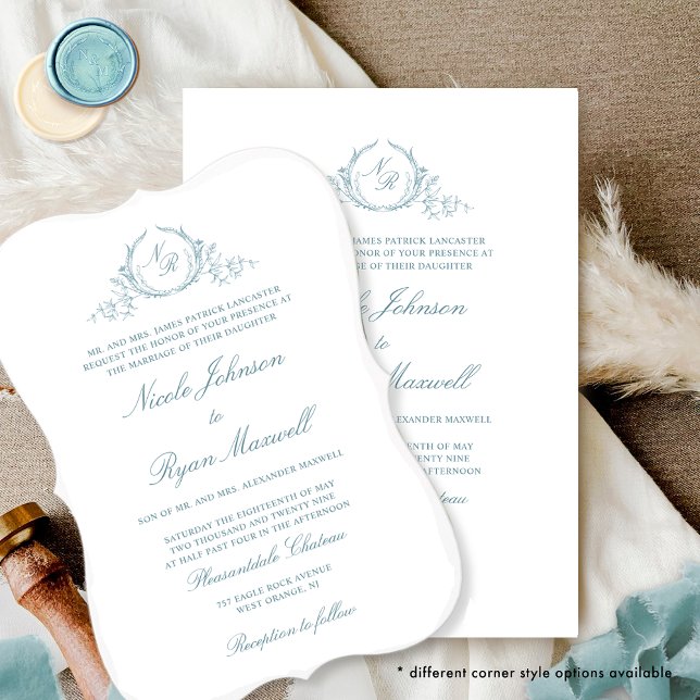 Elegant Formellt Monogram Sea Glass Bröllop Inbjudningar (Skapare uppladdad)