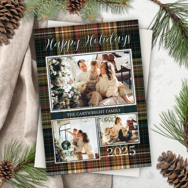 Elegant Formellt Pput-familjefoto Glad helg Julkort (modern rustic plaid happy holidays card with 3 photos family name, year and personalized message)