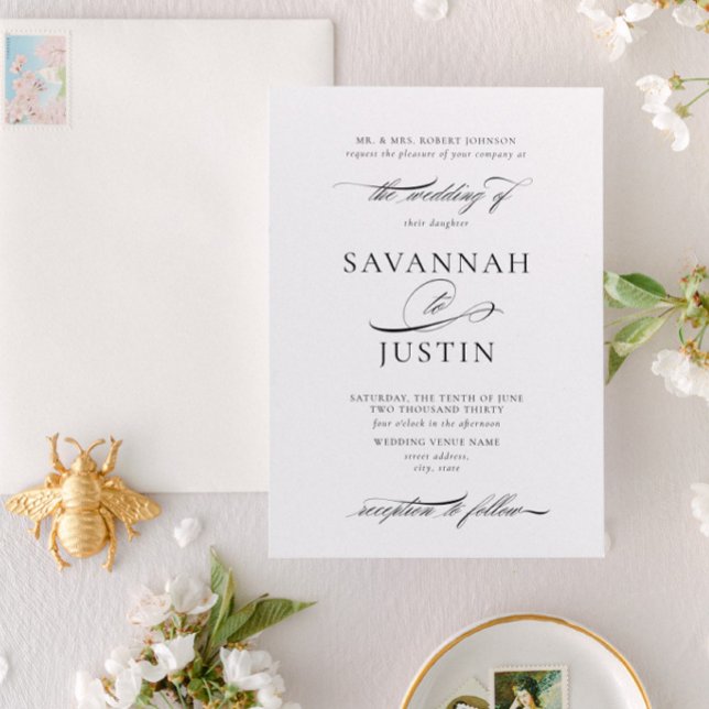 Elegant Formellt svartvitt Bröllop Inbjudningar (Designed for weddings where the bride's parents are hosting)